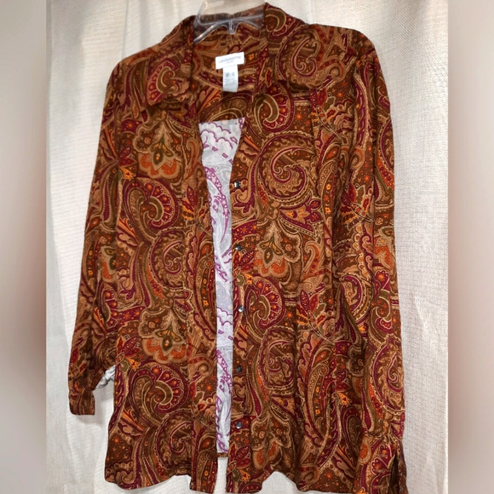 VTG Liz Claiborne Sport Brown Paisley Long Sleeve Top Shirt size X Large